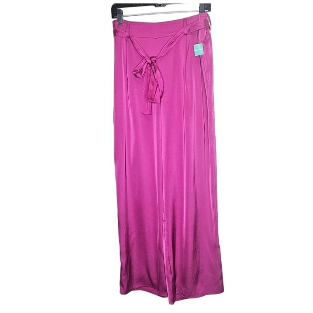 Maurices Womens Large Regular Magenta Wide-Leg Pants Tie Elastic Waist‎ Pockets